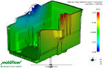 Click to view Moldflow Warpage Analysis Results.  Warp results show deflection throught the X, Y and Z Axis.  The result shown is a real life example of a glass filled PP Auto Battery Case with 27 mm inward bow of the side walls. 