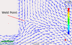 5. Flow Direction @ Weld Point.  The flow direction plot above shows the change in direction of the melt fronts as the weld point forms. The weld point turns into a "meld" as the flow fronts converge and flow together.