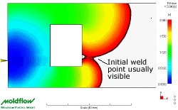 1. Plan View - Weld just formed. In this example the wall thickness is un-even causing the weld point to form offset from the centre of the rectangular hole. 