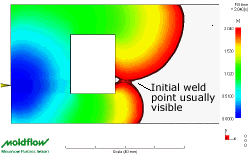1. Plan View - Weld just formed. In this example the wall thickness is un-even causing the weld point to form offset from the centre of the rectangular hole.